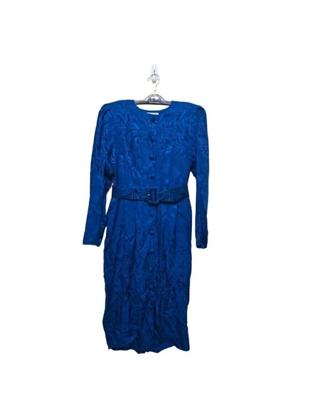Adrianna Papell Vintage 80s Blue Print Pleated Silk Belted Midi Dress Sz 6